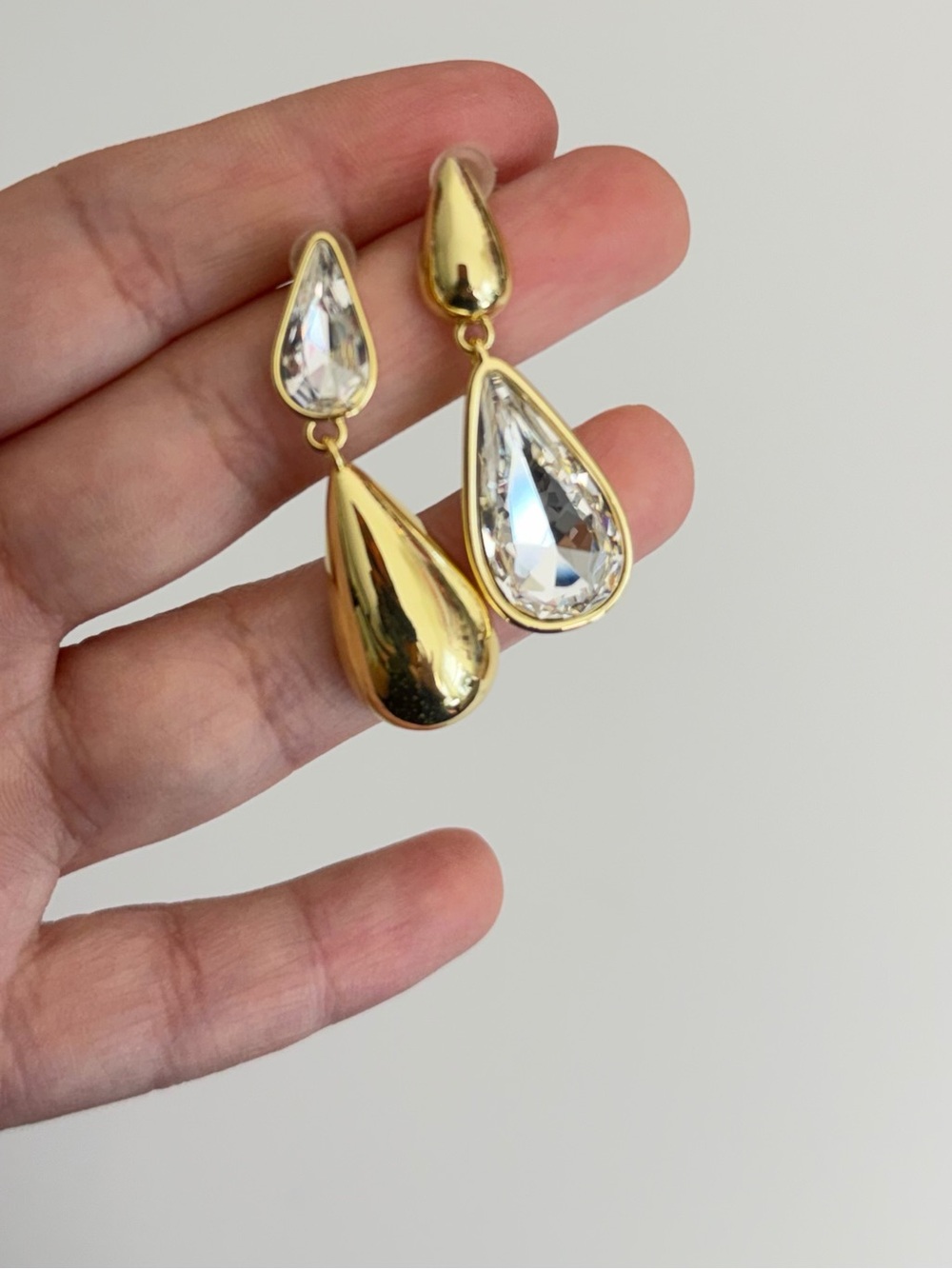 Gold & Crystal Teardrop Statement Earrings – Asymmetrical Drop Earrings - Picture 8 of 11